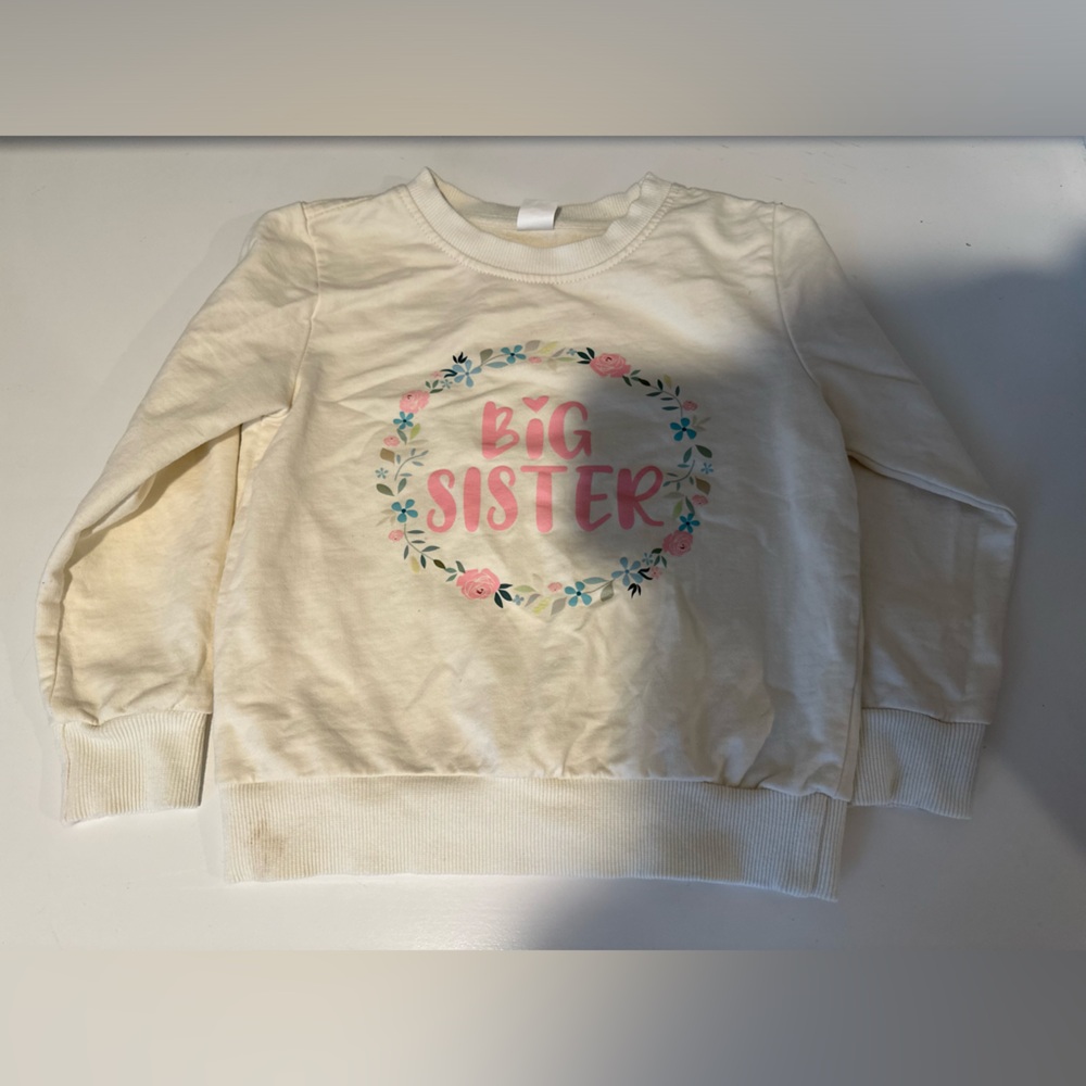 Big Sister Size 3T Cream Sweatshirt with Pink Text and Floral Wreath Design
